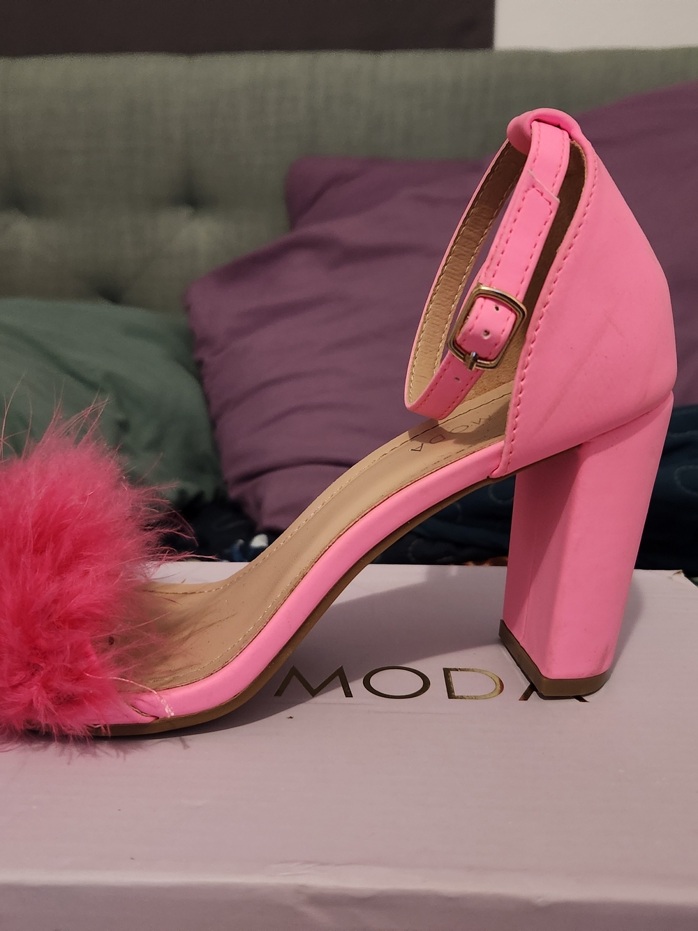 TOP Moda Hot Pink Ankle-Strap Block Heel with Feather Toe
